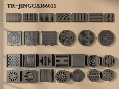 Gray Drain Covers With Various Grid Patterns And Different Shapes Collection 3d model