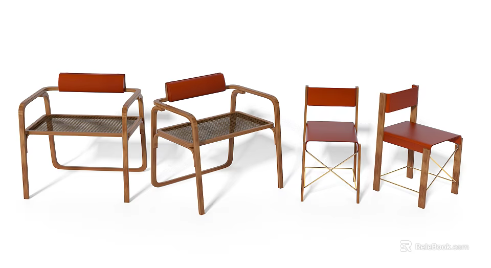 Modern Leisure Chairs With Wooden Frame Rattan And Leather Seats Design 3d model 
