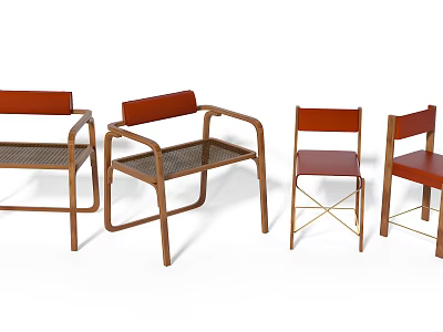 Modern Leisure Chairs With Wooden Frame Rattan And Leather Seats Design 3d model
