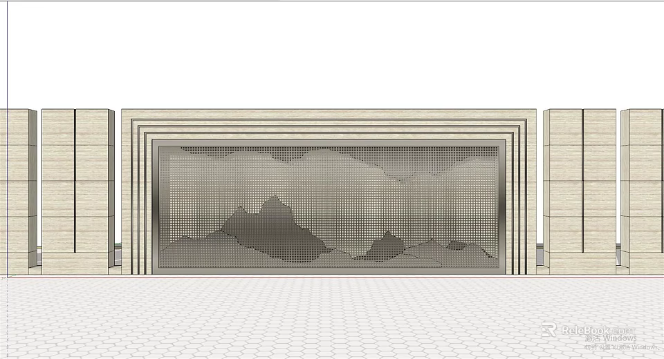 Modern Feature Wall With Perforated Mountain Pattern And Stone Frame Design 3d model 