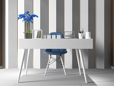 Modern White Desk with Blue Chair Blue Orchid Mugs Notebooks and Stationery on Striped Wall 3d model