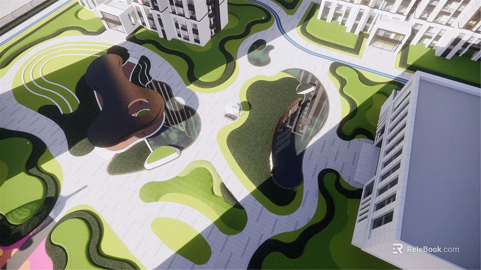 Modern Urban Landscape Design With Green Lawns Winding Paths And Buildings 3d model 