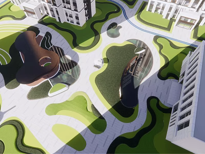Modern Urban Landscape Design With Green Lawns Winding Paths And Buildings 3d model