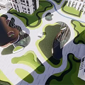 Modern Urban Landscape Design With Green Lawns Winding Paths And Buildings