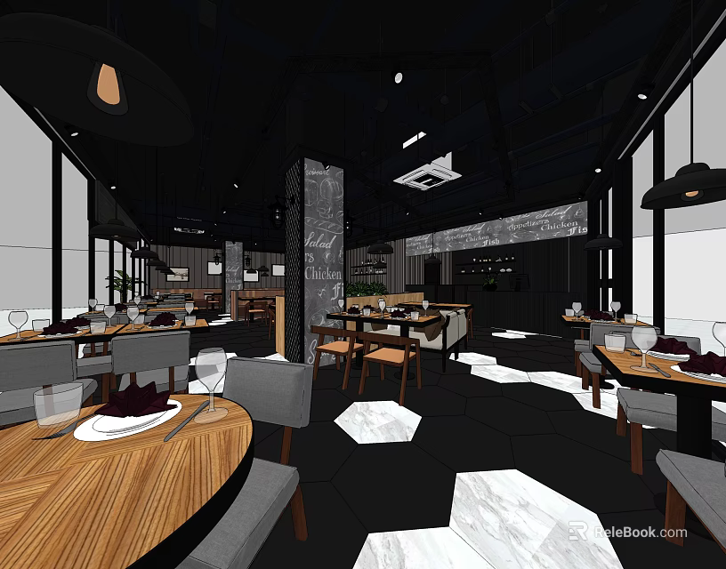 Modern Restaurant Interior With Pendant Lights Wooden Tables Gray Chairs And Geometric Tiles 3d model 