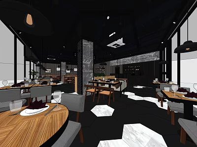 Modern Restaurant Interior With Pendant Lights Wooden Tables Gray Chairs And Geometric Tiles 3d model