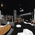 Modern Restaurant Interior With Pendant Lights Wooden Tables Gray Chairs And Geometric Tiles