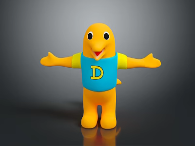 Friendly Yellow Cartoon Animal Character In Blue Shirt With Letter D And Open Arms 3d model