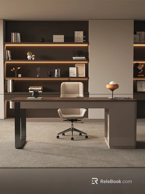 Modern Home Office Interior With Bookshelves Books Decorations Desk Chair Table Lamp And LED Lighting 3d model 