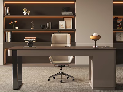 Modern Home Office Interior With Bookshelves Books Decorations Desk Chair Table Lamp And LED Lighting 3d model