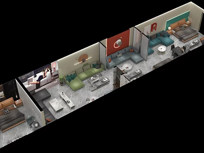 Modern Apartment Interior Layout With Multiple Rooms Sofa Bed Tables And Colorful Decor 3d model