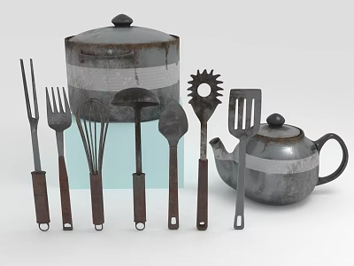 Vintage Metal Kitchen Utensils Set Including Pot Teapot Fork Whisk Ladle Spatula 3d model