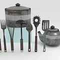 Vintage Metal Kitchen Utensils Set Including Pot Teapot Fork Whisk Ladle Spatula