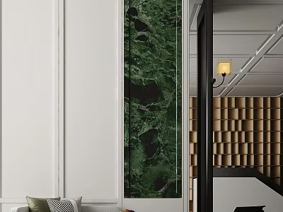 Elegant Modern Hotel Public Lounge With Marble Wall Wooden Grille And Pendant Lights 3d model