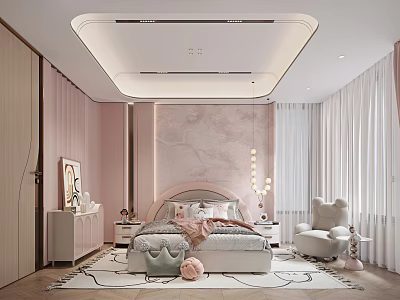 Modern Kids Room With Pink Walls White Furniture Rug Bed Chair And Map Decorated Wall 3d model