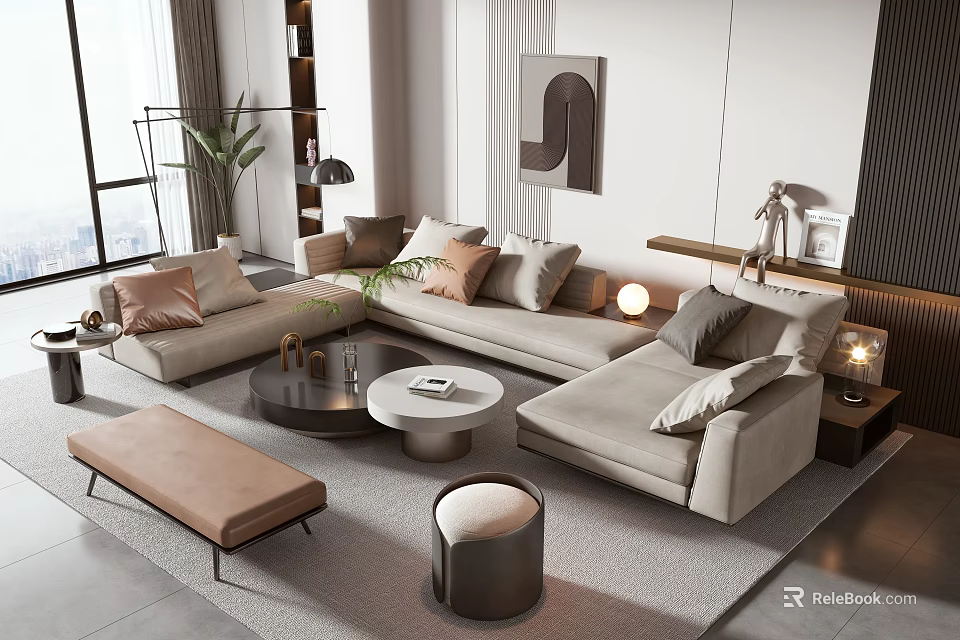 Elegant Modern Sofa And Coffee Table Set With Decorative Pillows Round Table And Area Rug 3d model 