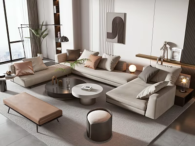 Elegant Modern Sofa And Coffee Table Set With Decorative Pillows Round Table And Area Rug 3d model