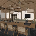 Modern Minimalist Hotel Guest Room Featuring Wooden Ceiling Hanging Lights Dark Flooring and White Walls