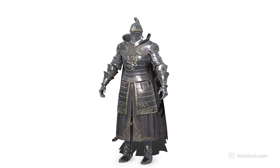 Medieval Knight Warrior In Full Metal Armor Standing With Decorative Patterns 3d model 