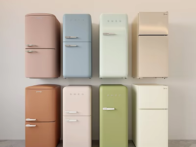 Stylish Vintage Retro Design Refrigerators in Various Pastel Colors Displayed Together 3d model