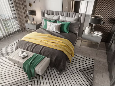 Double Bed With Grey Headboard Green And White Pillows Yellow Blanket Nightstands And Geometric Rug 3d model