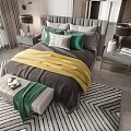 Double Bed With Grey Headboard Green And White Pillows Yellow Blanket Nightstands And Geometric Rug