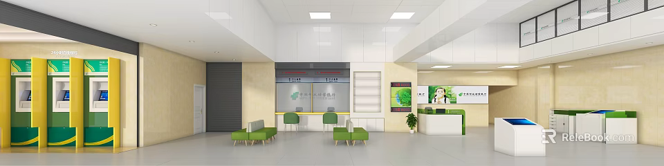 Modern Bank Lobby Waiting Area With Green Seats White Counter And Signage 3d model 