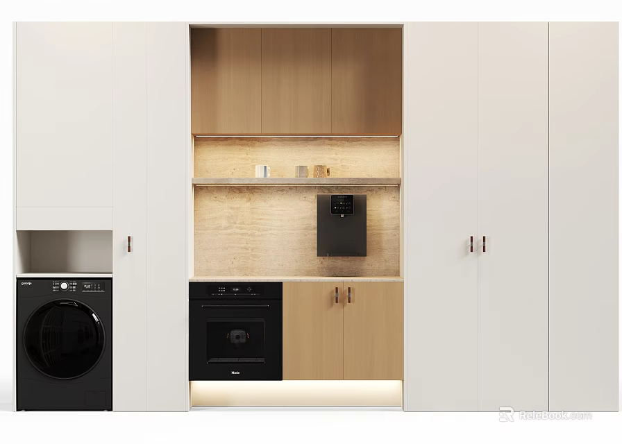 Modern Decorative Cabinet With White And Wooden Finish Open Shelves And Built In Lighting 3d model 