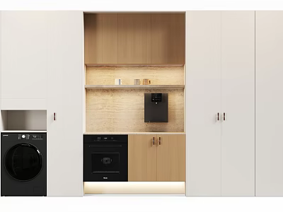Modern Decorative Cabinet With White And Wooden Finish Open Shelves And Built In Lighting 3d model