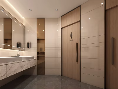 Other Restroom With Modern Design Marble Countertop Sink Mirror Storage Cabinets And Wooden Door 3d model