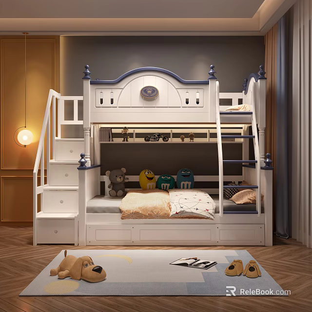 Kids Room Interior Design With White Blue Bunk Bed Stairs Storage And Stuffed Toys 3d model 