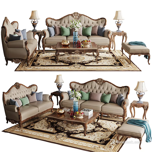 Classic Sofa And Coffee Table Set With Upholstered Pillows Carved Wood Details And Ornate Rug 3d model 