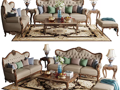 Classic Sofa And Coffee Table Set With Upholstered Pillows Carved Wood Details And Ornate Rug 3d model