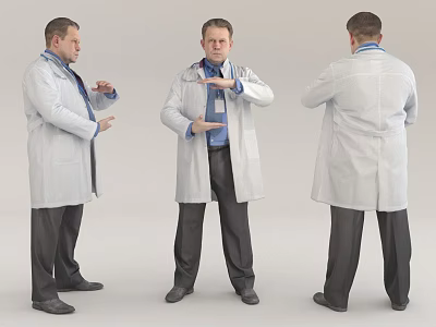 Man Wearing White Coat With Stethoscope Shown In Three Angles 3d model