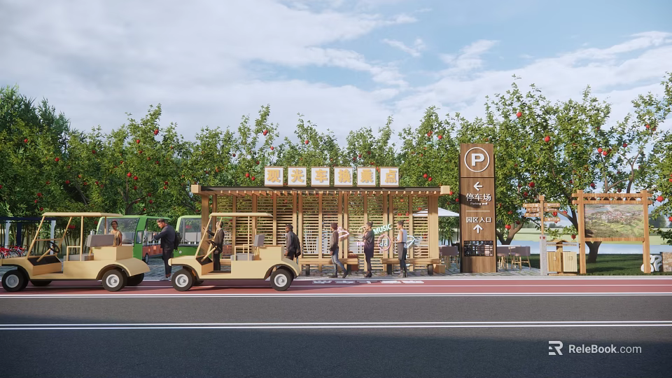 Wooden Bus Station With Green Trees Surroundings Shuttle Carts Parking Sign And Pedestrians 3d model 