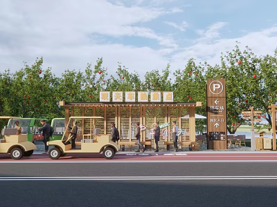 Wooden Bus Station With Green Trees Surroundings Shuttle Carts Parking Sign And Pedestrians 3d model
