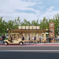 Wooden Bus Station With Green Trees Surroundings Shuttle Carts Parking Sign And Pedestrians