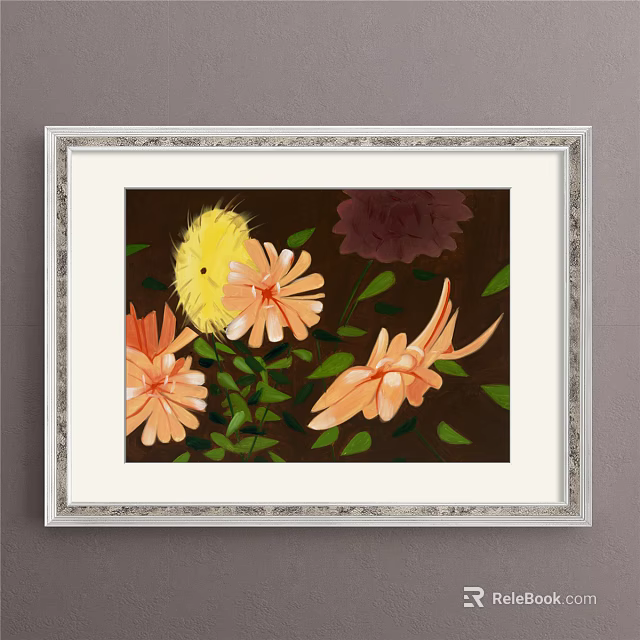 Framed Botanical Painting With Yellow Pink Orange Flowers Green Leaves And Dark Background 3d model 