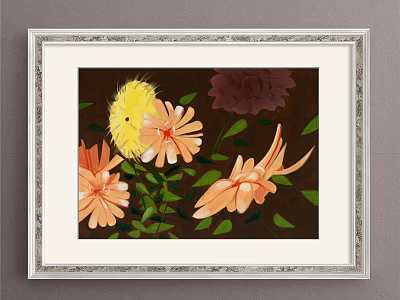 Framed Botanical Painting With Yellow Pink Orange Flowers Green Leaves And Dark Background 3d model
