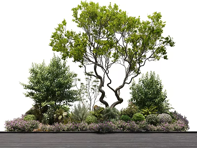 Curved Trunk Arbor with Surrounding Shrubs and Flowers on Wooden Floor 3d model
