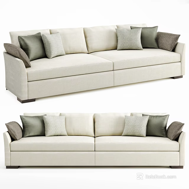 Modern Beige Linen Double Sofa With Multiple Gray Brown Cushions And Simple Design 3d model