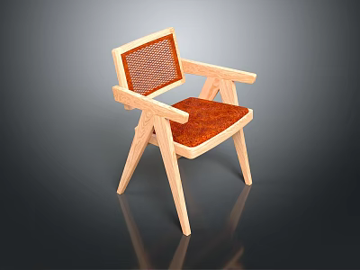 Stylish Leisure Chair With Wooden Frame Woven Backrest And Brown Cushioned Seat Modern Minimalist Design 3d model