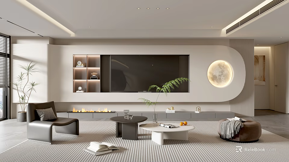Modern Living Room Interior With TV Wall Moon Decor Coffee Tables And Striped Rug 3d model 