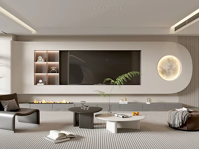 Modern Living Room Interior With TV Wall Moon Decor Coffee Tables And Striped Rug 3d model