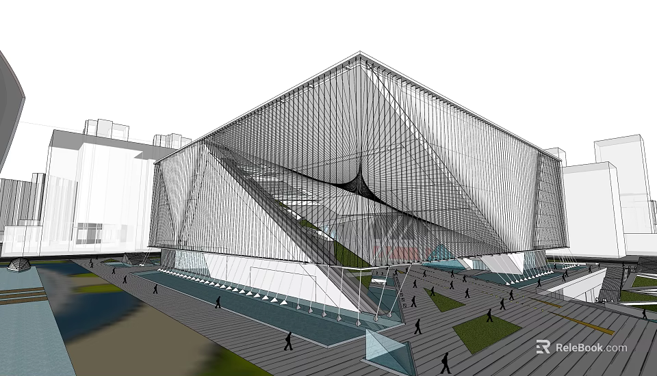 Modern Building Exterior With Geometric Grid Structure And Plaza Pedestrians 3d model 