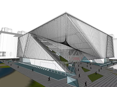 Modern Building Exterior With Geometric Grid Structure And Plaza Pedestrians 3d model