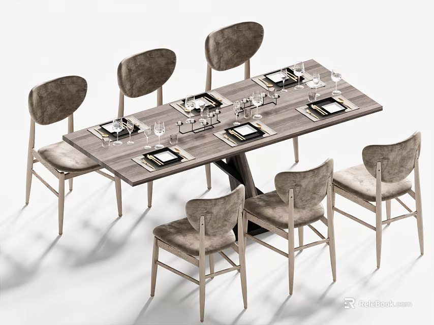 Modern Dining Table Set With Upholstered Chairs And Wooden Top For Home Use 3d model 