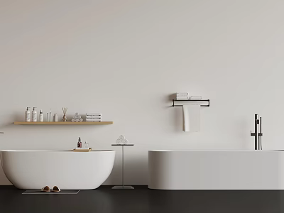 Minimalist Modern Bathroom Decor With White Bathtubs And Shelves 3d model