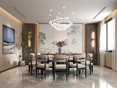 Elegant Private Room Interior With Chandelier Dining Table Decorative Painting And Green Plant 3d model