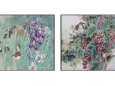Botanical Paintings with Purple Flowers Grapes and Birds in Natural Scenes 3d model